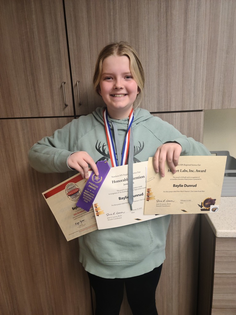 The awards from the Regional Science Fair in Bemidji arrived today.  Congratulations to Hailey Johnson,  Sofi Wawrzyniak,  Baylie Dunrud,  and Katie Berg of Mrs. Augustine's 6th grade class!