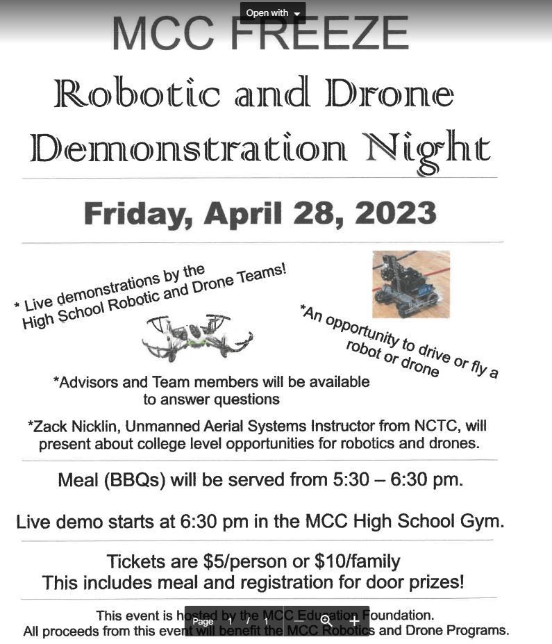 Come out this Friday, April 28th to support the MCC Freeze Robotics and Drones Teams. This event is hosted by the MCC Education Foundation.